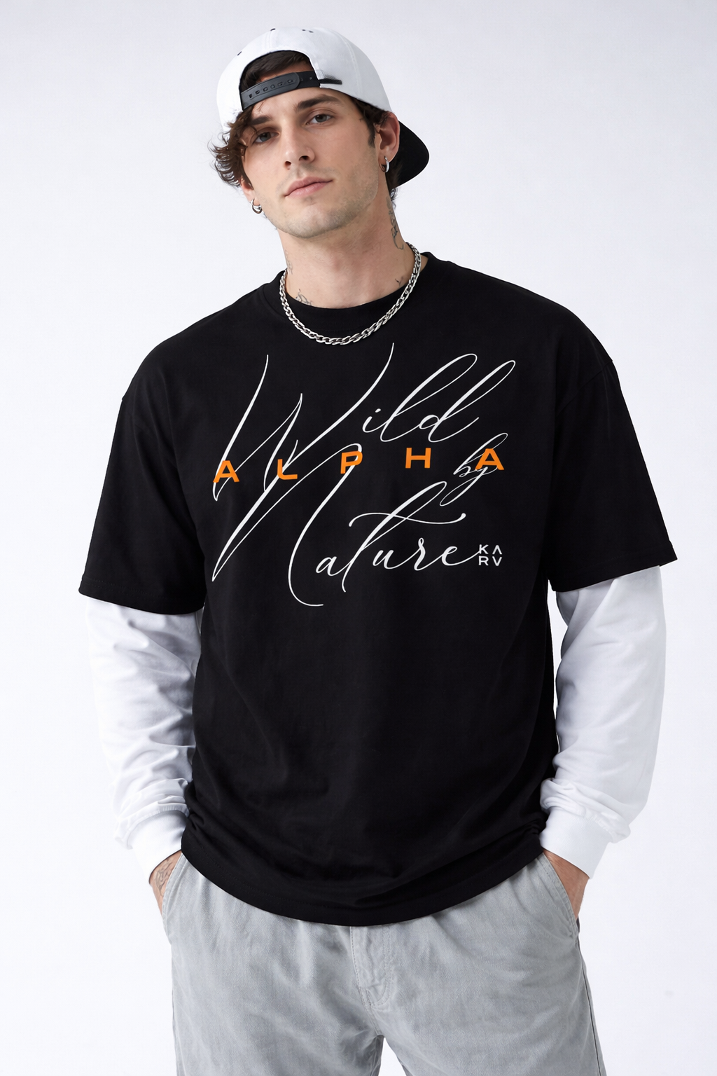 Alpha Wild By Nature | Black With White Sleeve Oversized Tee
