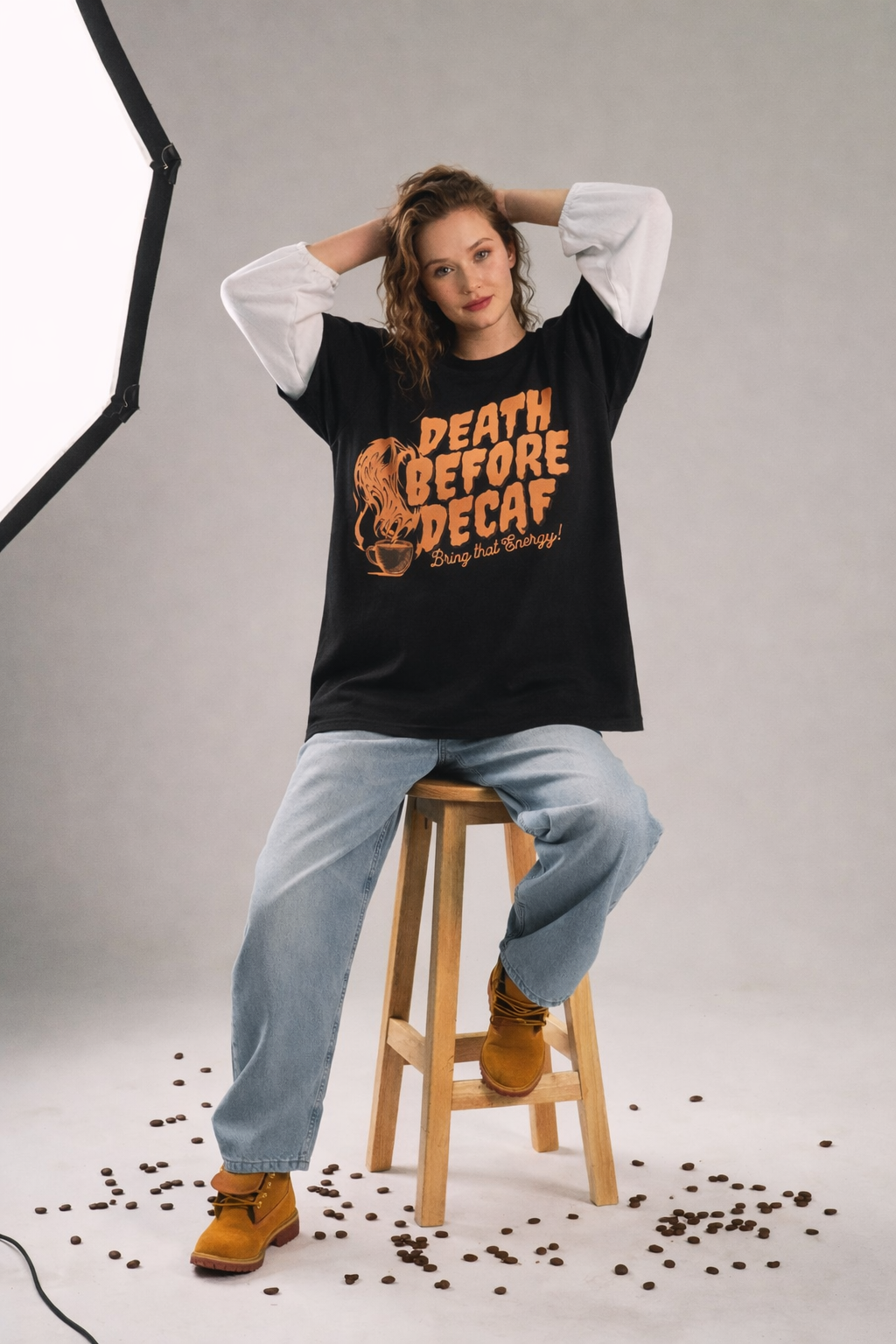 Death Before Decaf – Oversized Tee (Black / White Sleeves)