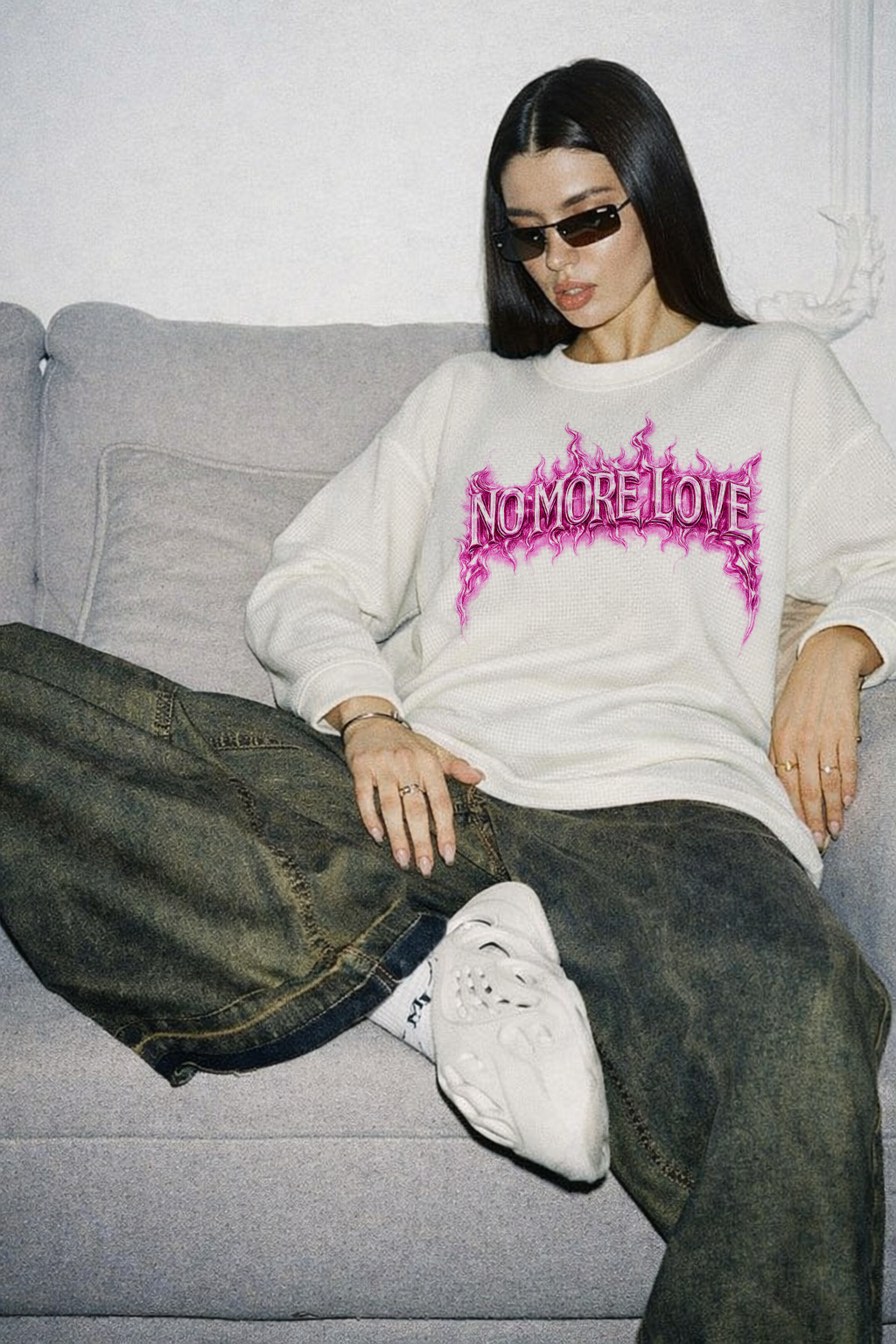 NO MORE LOVE | Off-White Waffle Knit Oversized Full-Sleeve