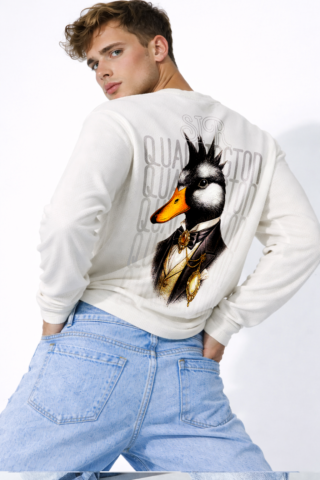 SIR QUACKINGTON™ Off-White Waffle Knit Oversized Full-Sleeve