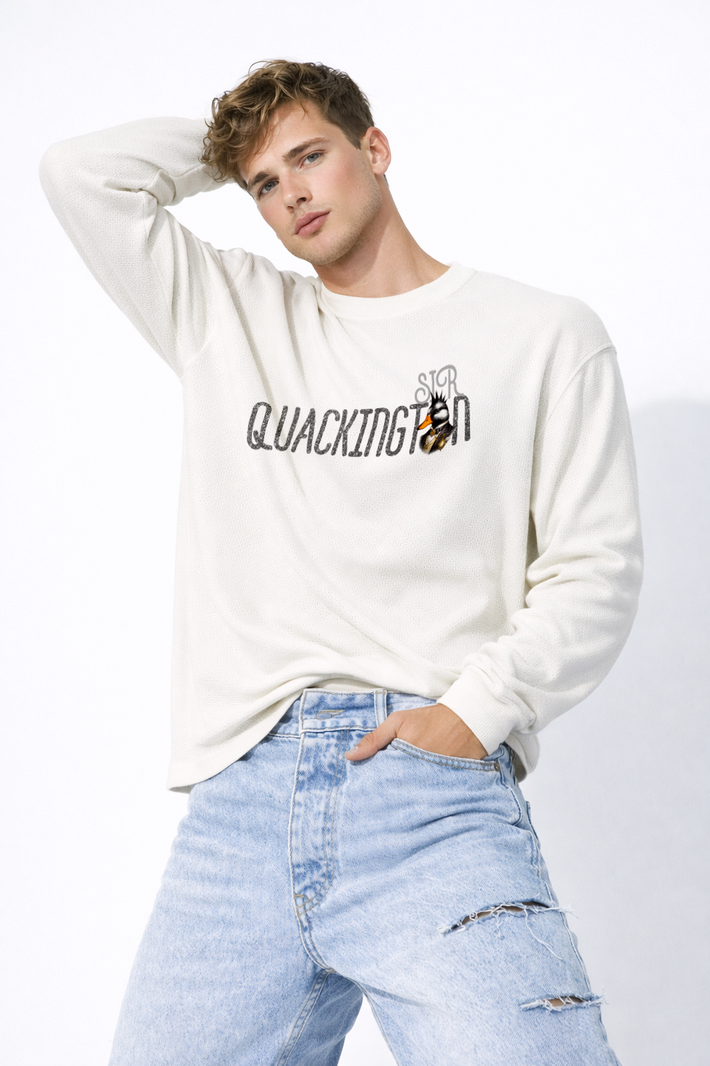SIR QUACKINGTON™ Off-White Waffle Knit Oversized Full-Sleeve