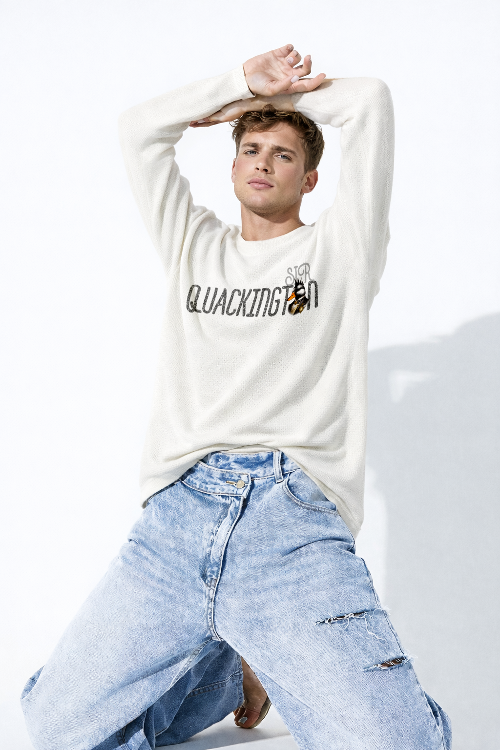 SIR QUACKINGTON™ Off-White Waffle Knit Oversized Full-Sleeve